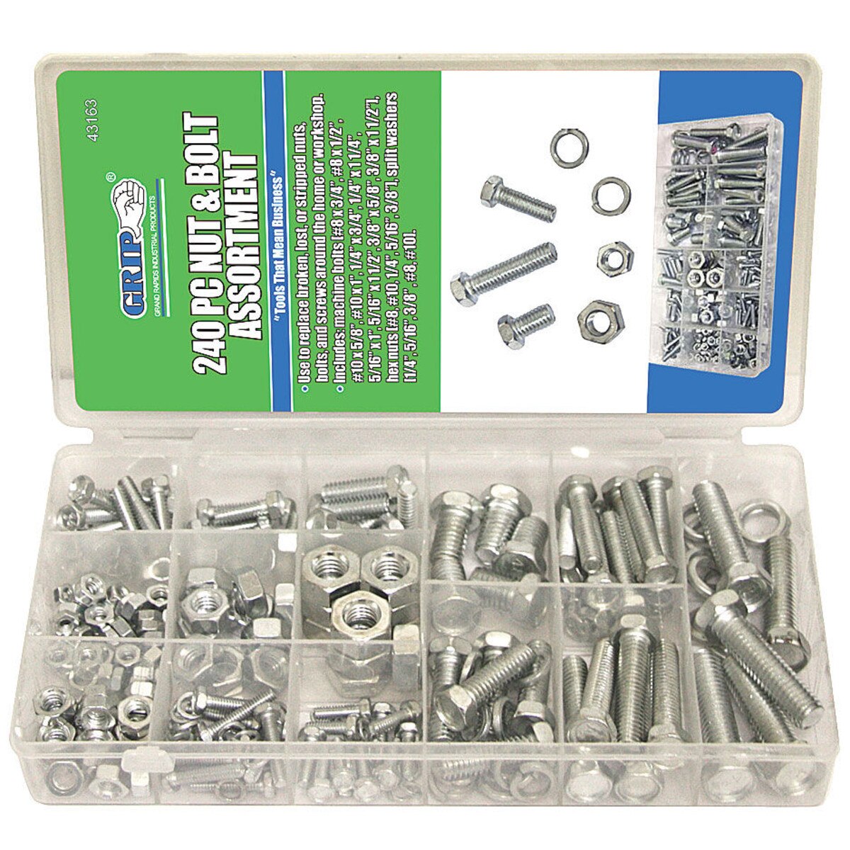 Grip Tools 43163 240Piece SAE Nut and Bolt Kit